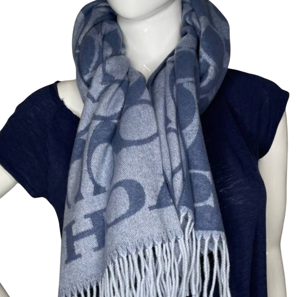 Coach Wool Cashmere Scarf Twilight Blue Logo Fringe Wrap 77 x 21 Luxury Winter - Picture 2 of 3